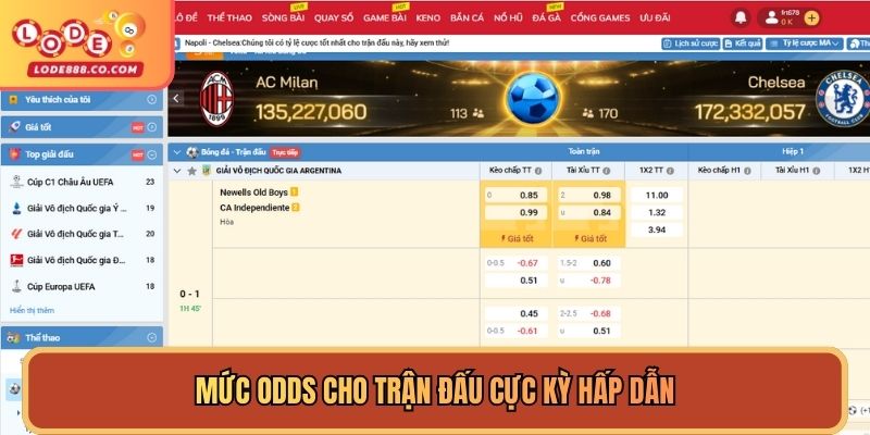 Tỷ lệ odds được sảnh lên luôn cao